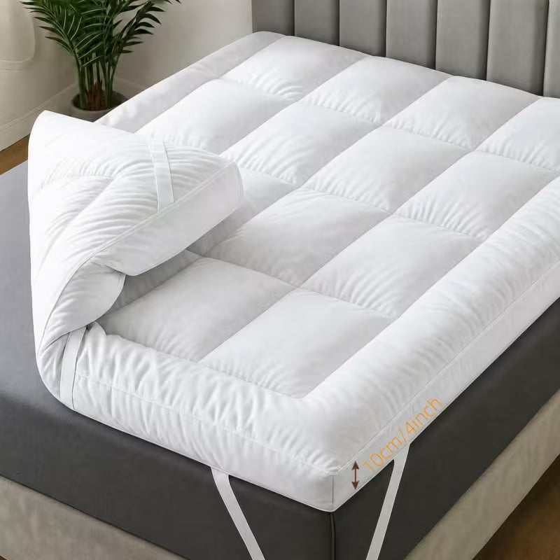Hotel Quality 10cm Mattress Topper Bounce Back Deep Fitted Bed Mattress Pad Quilted Box Stitched with Corner Elasticated Straps Breathable 4 Inches Luxury Mattresses Toppers for Ultimate Comfort