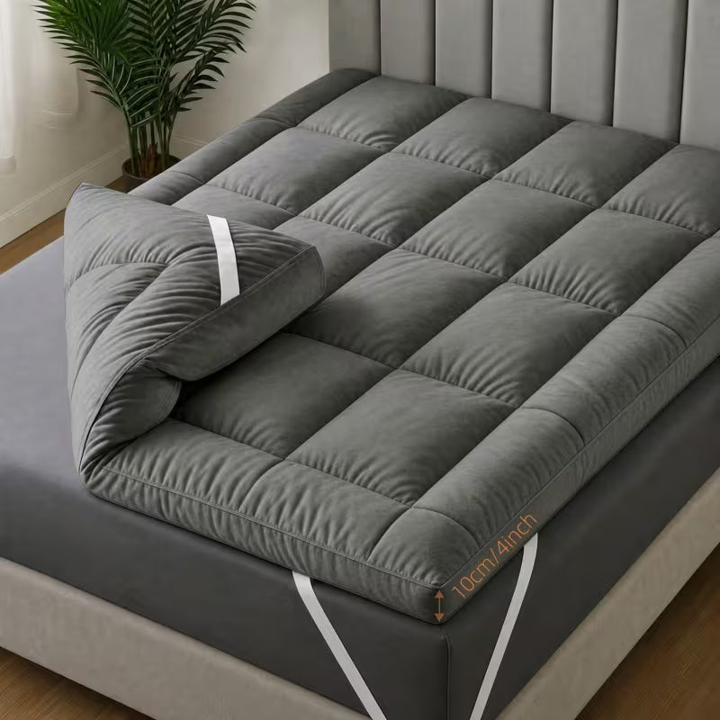 Hotel Quality 10cm Mattress Topper Bounce Back Deep Fitted Bed Mattress Pad Quilted Box Stitched with Corner Elasticated Straps Breathable 4 Inches Luxury Mattresses Toppers for Ultimate Comfort