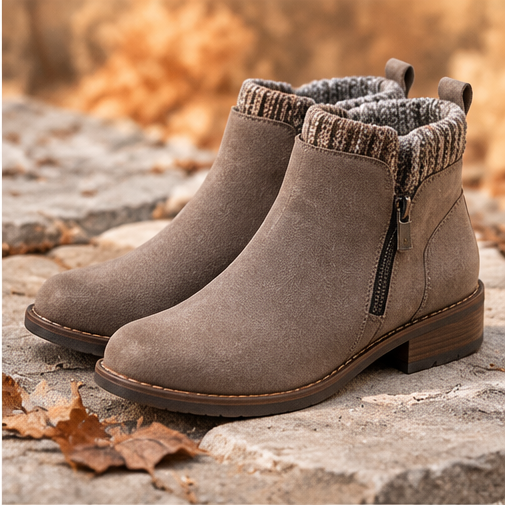 Women's Taupe Suede-Look Ankle Boots – Knit Cuff Side-Zip Booties